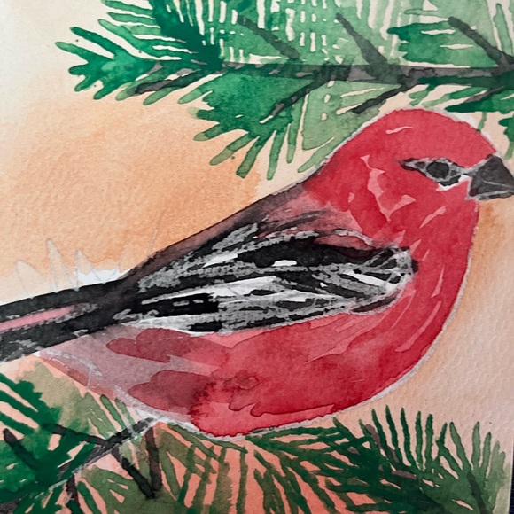 Red bird original art watercolor 5 by 7 sale - Picture 5 of 7